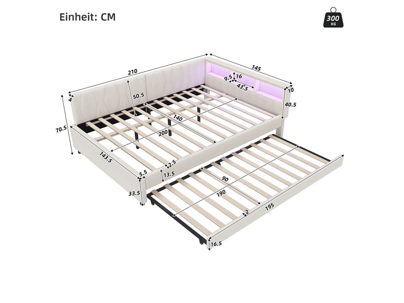  Lit gigogne 140x200 canapé lit beige avec led, port usbtype-c et rangements  - Conforama C