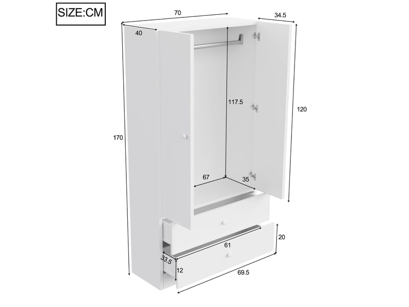  Armoire 2 portes avec penderie et 2 grands tiroirs, espace de rangement pour chambre en mdf blanc, 70 × 40 × 170 cm  - Conforama C