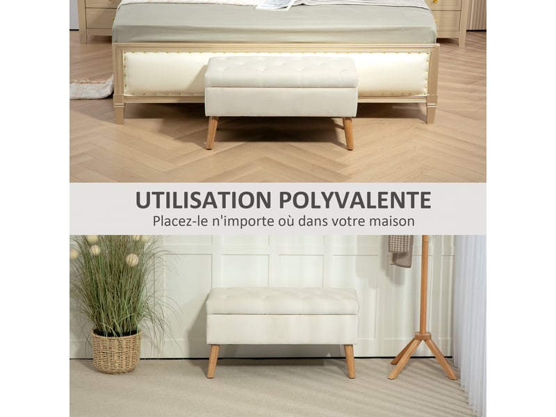 Banc de rangement coffre de rangement tissu effet velours pieds en bois 80 x 35 x 42 cm charge max. 120 kg, crème - Conforama W