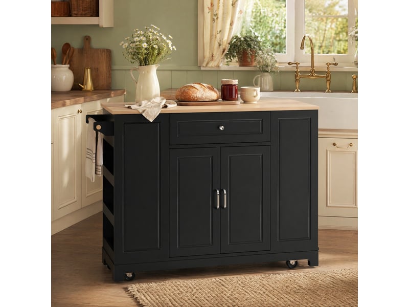 Desserte de cuisine à roulettes avec plan rabattable, prises et bac à déchets, pour cuisine en mdf 131,8×40-70×93,3 cm - Conforama B