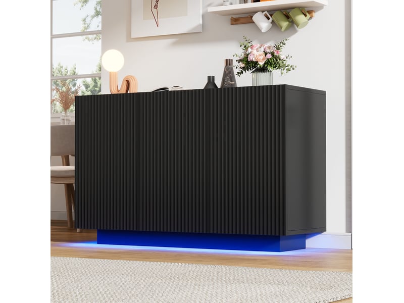  Buffet bas 120x40x75 cm noir effet marbre avec led bluetooth et 3 portes  - Conforama E