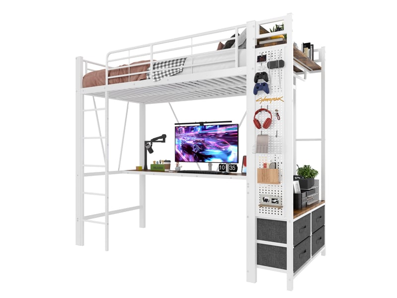  Lit mezzanine 90 x 200 cm avec bureau, rangements, led et prise usb, blanc  - Conforama A