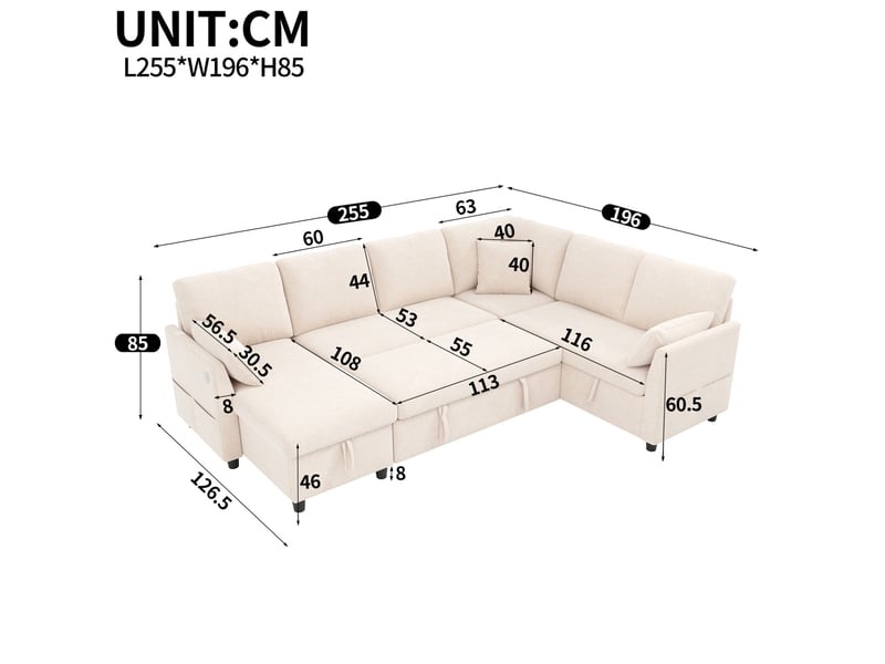 Canapé d'angle convertible 6 places avec coffres, usb et usb-c, poches, tissu effet lin beige, 255 × 196 × 85 cm - Conforama D