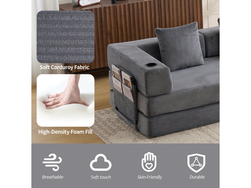  Canapé convertible, canapé-lit, gris foncé, poches latérales, porte-gobelets, pour salon, en velours tricoté, chambre  - Conforama D