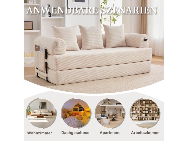 Canapé modulaire avec poche latérale et 3 coussins pour salon, structure métal, velours côtelé beige - Conforama E
