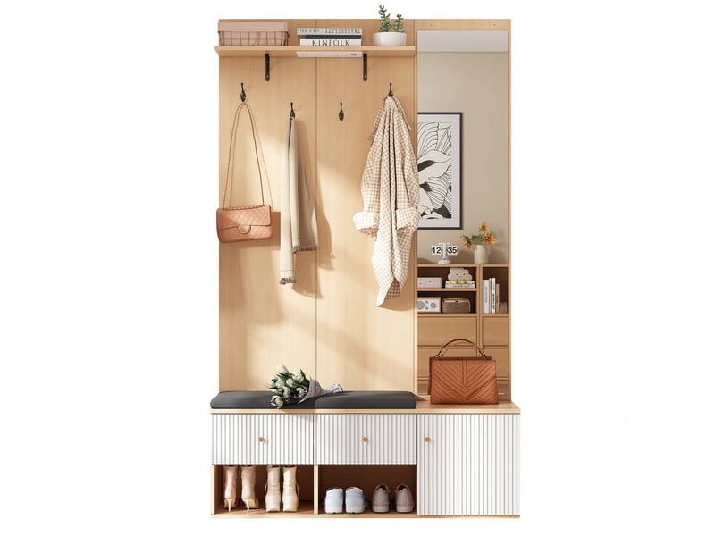  Ensemble de vestiaire 120x40x200 cm effet bois et blanc avec miroir, banc à chaussures, tiroir et crochets  - Conforama A
