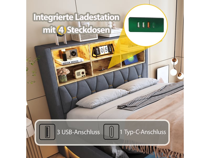  Lit rembourré 140×200 cm avec rangement hydraulique, led pilotable par application, usb, métal et lin gris  - Conforama C