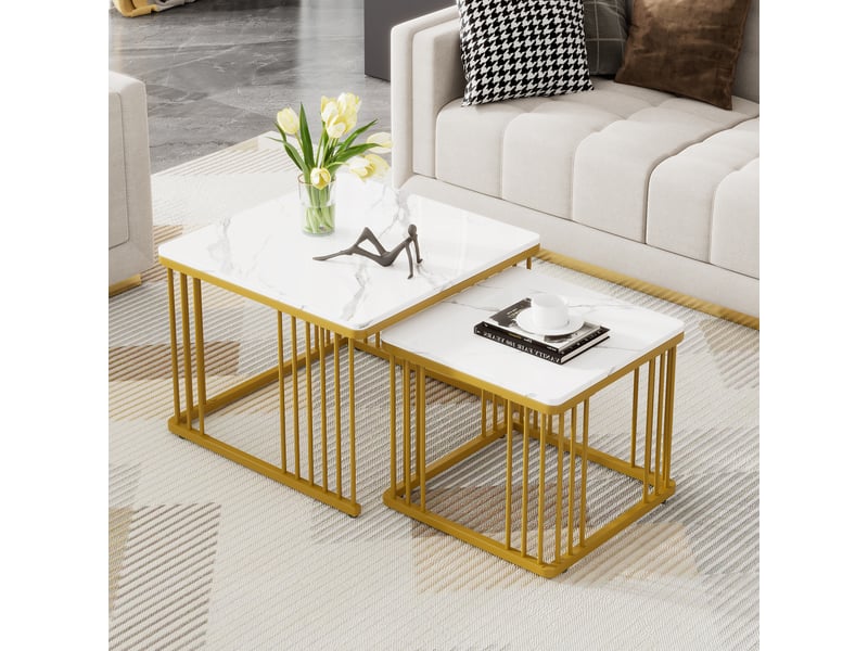  Tables basses gigognes carrées, lot de 2 avec pieds réglables, effet marbre brillant pour salon, en mdf blanc  - Conforama B