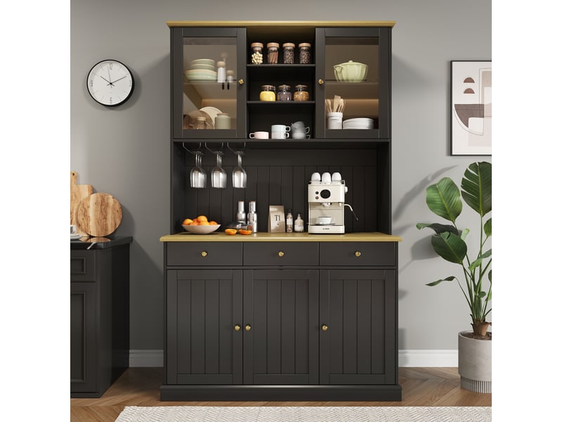 Buffet haut noir avec portes vitrées, porte-verres, rangement, prises usb-cusb-a, poignées dorées 120x40x191 cm - Conforama B
