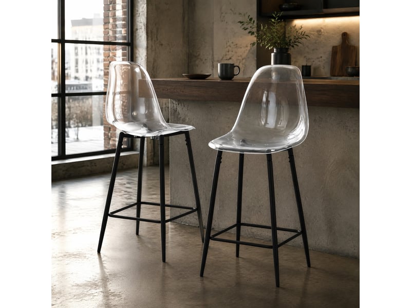  Tabouret de bar transparent avec repose-pieds et structure métallique, design moderne en plastique noir  - Conforama D