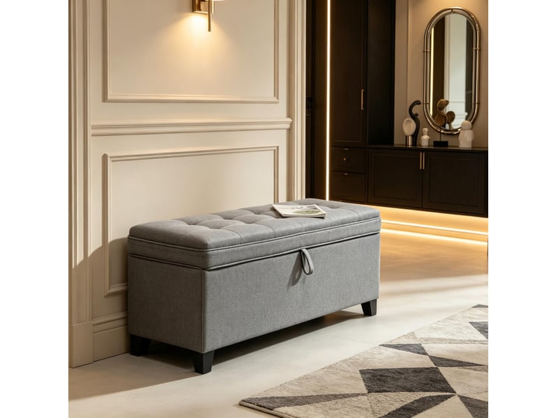 Banc de rangement tcqpz 120 x 40 x 48 cm capitonné 112 l tissu effet lin gris foncé  - Conforama B