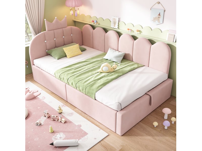 Lit coffre 90x200 cm avec méridienne en velours rose, motif couronne - Conforama C