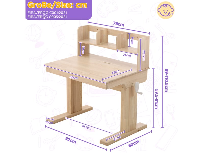  Bureau enfant 92x60x89 cm, réglable en hauteur, table scolaire avec rangement, meuble chambre et salon, bois, naturel  - Conforama C