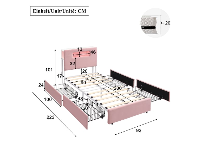  Lit enfant simple 90x200 cm avec 4 tiroirs et led, rose  - Conforama C
