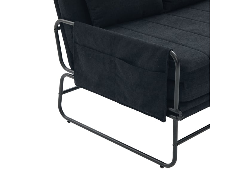  Canapé convertible 2 places avec couchage poches latérales et coussin lombaire structure métal en chenille noir  - Conforama E
