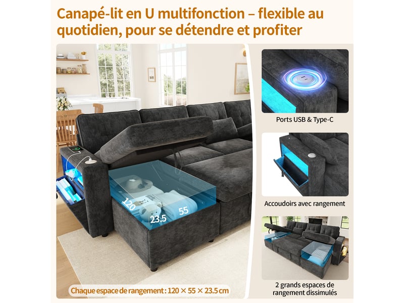  Canapé d’angle convertible 4 places 273 x 131 x 83 cm, en u, double méridienne, rangement caché, usb-c, led, 2 coussins, chenille, gris OMNIGLINT TRADING LTD - Conforama E