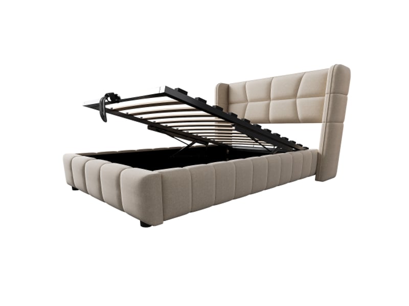 Lit capitonné 90x200 cm pour enfant et ado – tête de lit, sommier à lattes, rangement pneumatique, cadre en lin beige  - Conforama D