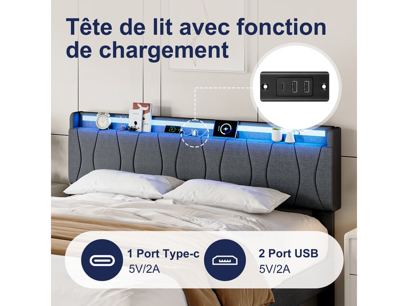  Lit capitonné 140x200 cm, lit 2 place avec led et usb, lit adulte avec sommier à lattes,gris lin lit double, sans matelas  - Conforama E