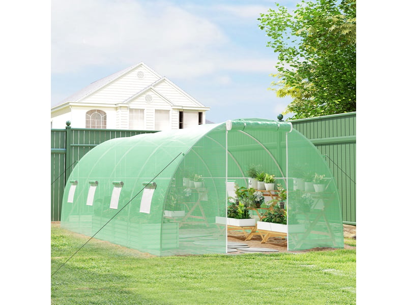  Serre tunnel de plain-pied, 8 fenêtres avec moustiquaire, film résistant, structure en acier, 6 x 3 x 2 m, verte  - Conforama D
