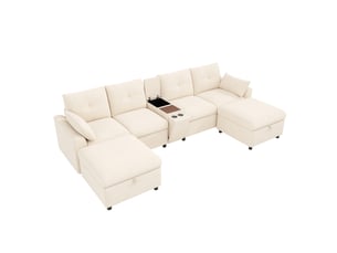Canapé d'angle modulaire 316x140 cm avec 2 poufs de rangement, console centrale, chenille, bois, beige