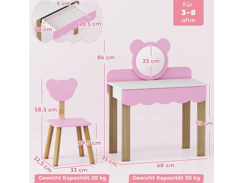  Coiffeuse enfant avec tabouret 68 x 35 x 86 cm rose en mdf, miroir acrylique et tiroir de rangement  - Conforama C