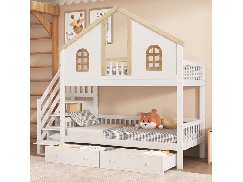 Lit superposé enfant 90x200 cm avec escalier rangement et tiroirs, blanc et naturel - Conforama B