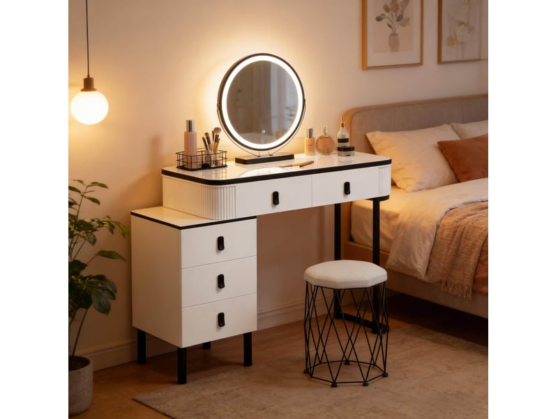  Coiffeuse blanc et noir avec miroir led, 5 tiroirs et tabouret  - Conforama C
