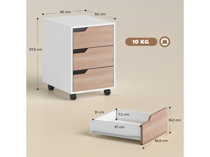  Caisson bureau mobile, meuble rangement bureau sur roulettes, 3 tiroirs, blanc et chêne, 40x50x57,5cm  - Conforama C