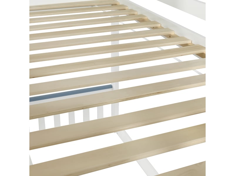  Lit superposé 90x200 cm blanc et bleu – bois, escalier et rangements, fenêtres décoratives, sommier inclus  - Conforama E
