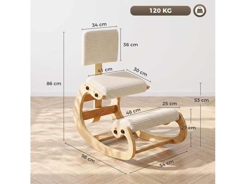  Chaise de bureau ergonomique à genoux avec dossier et bascule douce en polyester crème et bois  - Conforama B
