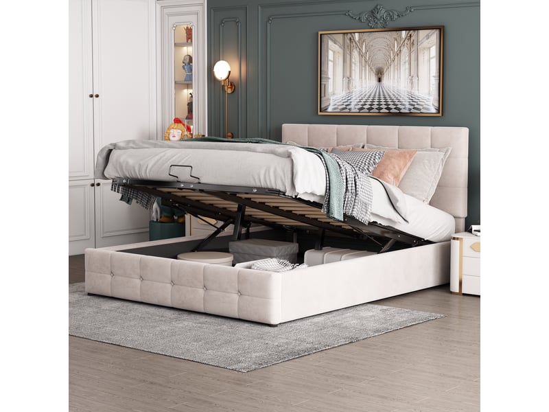  Lit capitonné 140*200 cm blanc crème, cadre hydraulique avec coffre, tête réglable et sommier en velours  - Conforama D