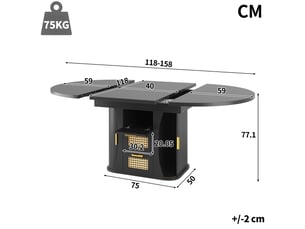 118–158 noir table à manger extensible avec rangement, design moderne, structure fonctionnelle pour cuisine et salle à manger