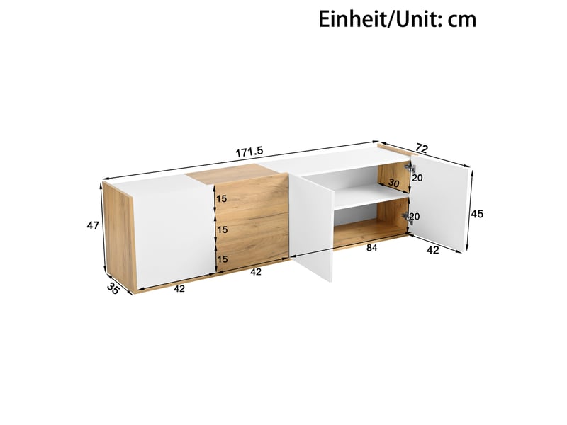  Meuble tv 171,5 cm mural ou à poser, 3 portes et 3 tiroirs, blanc et coloris bois  - Conforama E