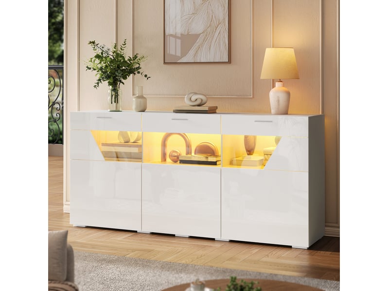  Buffet 160x38x78 cm 3 portes avec led, blanc brillant  - Conforama D