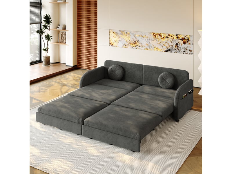  Canapé-lit convertible 3 places 205x84 cm – gris – coulissant 3-en-1, poches latérales et coussins  - Conforama D