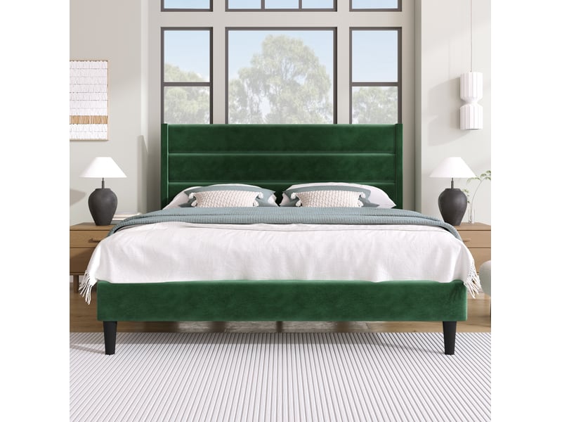  Lit adulte double 140x200 cm en velours vert foncé avec sommier et matelas h3  - Conforama D