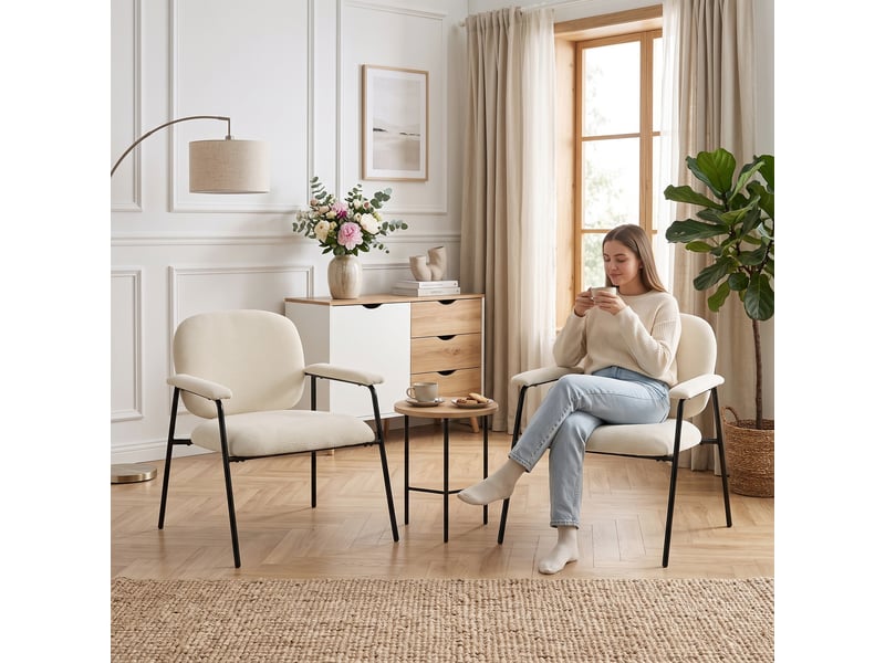  Lot de 2 fauteuils lounge design métal noir tissu crème  - Conforama D