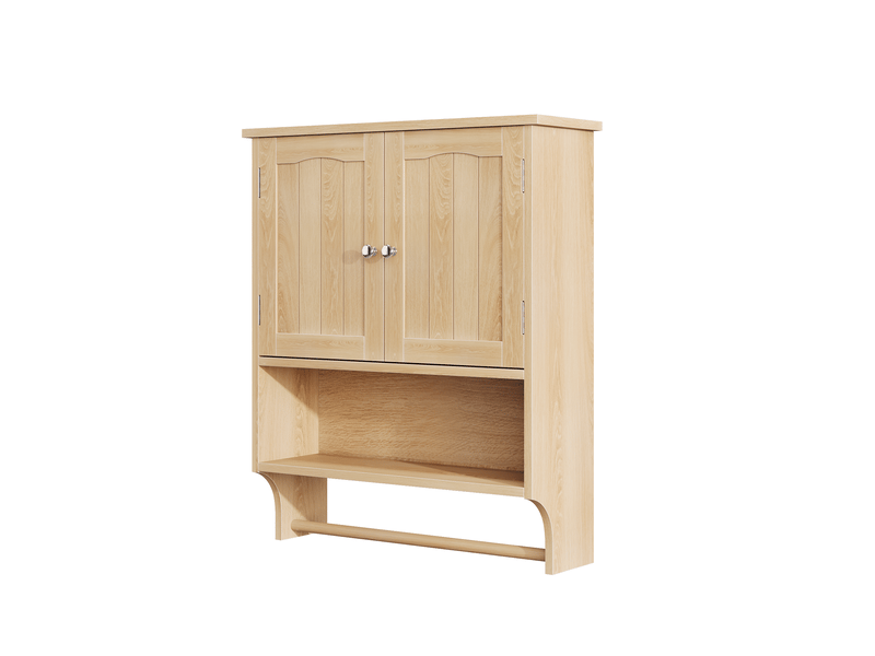Meuble de rangement salle de bain 60x20x70 cm – chêne clair – 2 portes, étagère ouverte et porte-serviettes - Conforama D