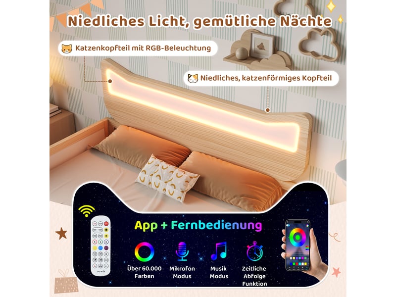  Lit enfant 90x190 avec tête de lit chat, éclairage led rgb, tiroir de rangement et sommier à lattes, blanc et chêne  - Conforama D