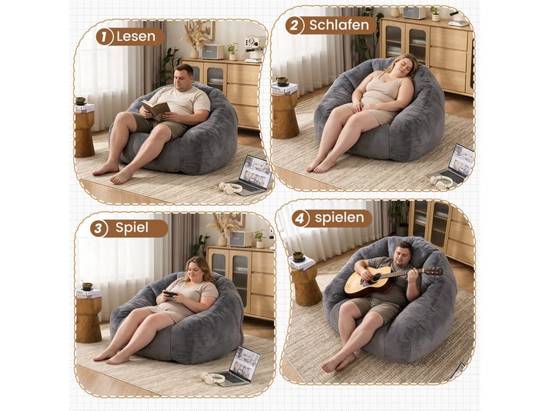  Fauteuil pouf adulte 111x123x75 cm en fausse fourrure, mousse haute densité, compressé sous vide, sans montage, siège lounge gris clair  - Conforama E