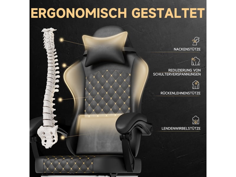  Gaming stuhl pvc leder chaise gamer ergonomique inclinable 135° 58.5x63x120.5cm noir  - Conforama B
