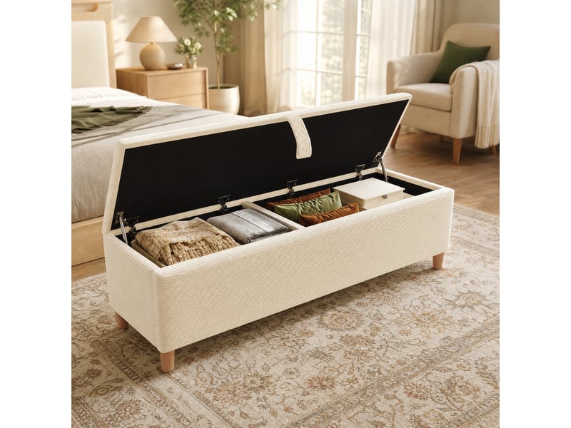  Lit double 180 x 200 cm chêne clair et beige avec rangement, led et banc de lit  - Conforama B