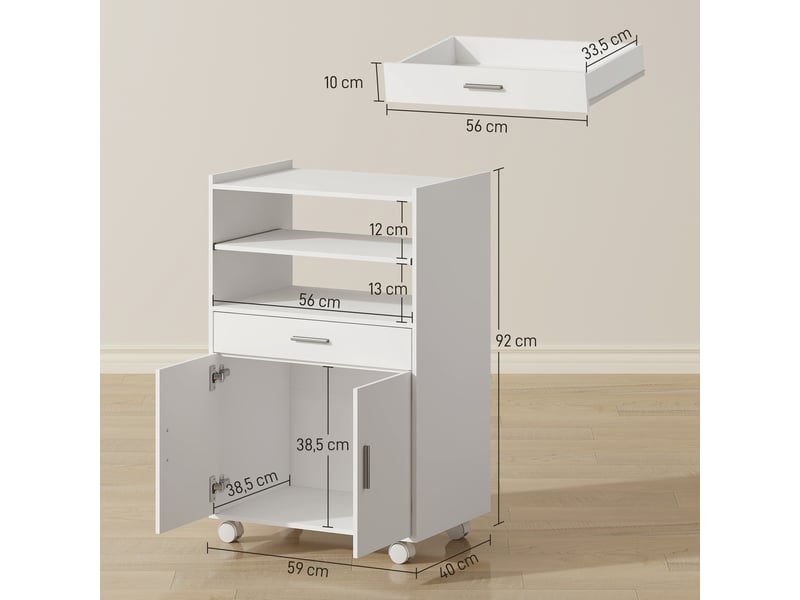  Chariot de cuisine sur roulettes, desserte micro-onde à roulettes avec placard tiroir étagères, blanc, 59 x 40 x 92 cm  - Conforama C