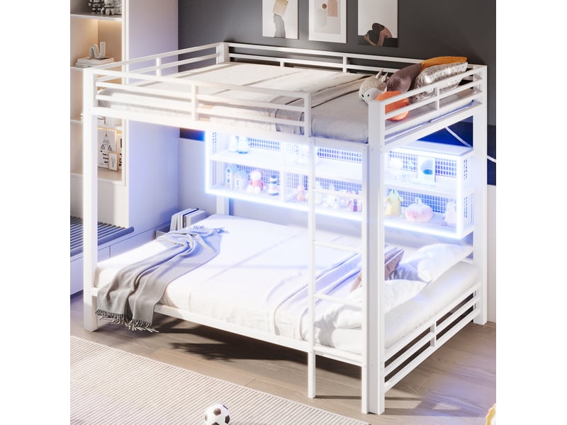 Lit superposé 140x200 cm en métal avec 6 rangements, led et barrières, blanc - Conforama B