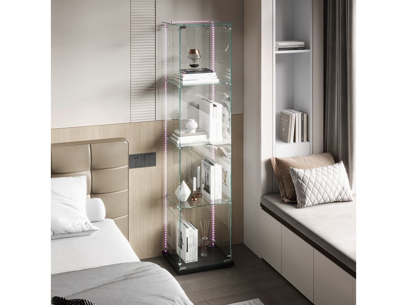  Vitrine d'exposition - 39.8x35x163cm - en verre 4 niveaux, vitrine porte simple avec ruban led, serrure - noir  - Conforama B