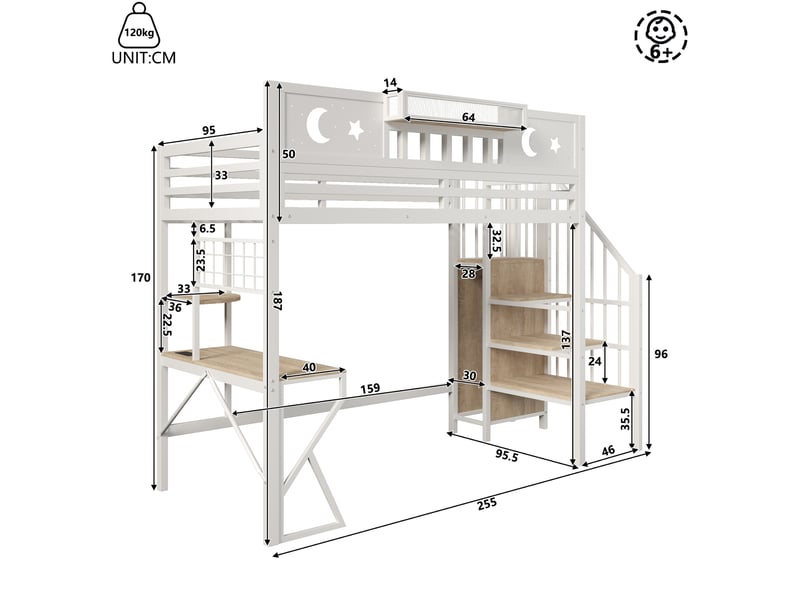  Lit mezzanine 90x200 cm, lit enfant, bureau, panneau perforé, étagères, barrière antichute, port usb, bois et métal blanc  - Conforama B