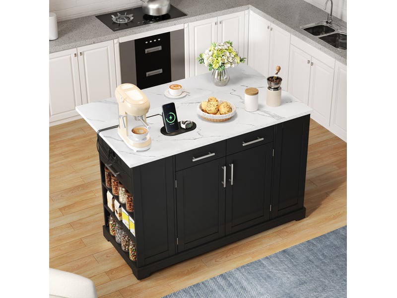  Desserte de cuisine mobile avec plateau rabattable, prise et espace poubelle, sur roulettes, noire, 138 × 86 × 92 cm  - Conforama C