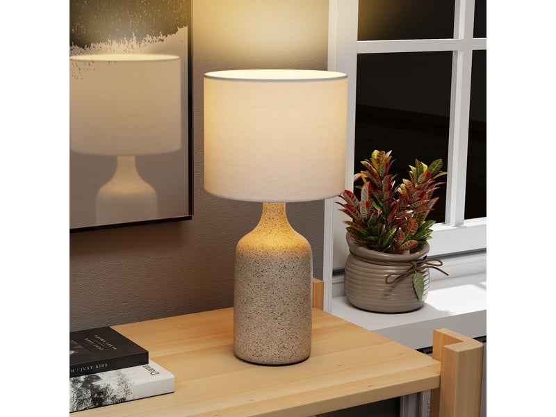  Lampe de table avec pied en céramique et abat-jour en lin, lampe de chevet rétro avec douille e27, blanc et sable  - Conforama C
