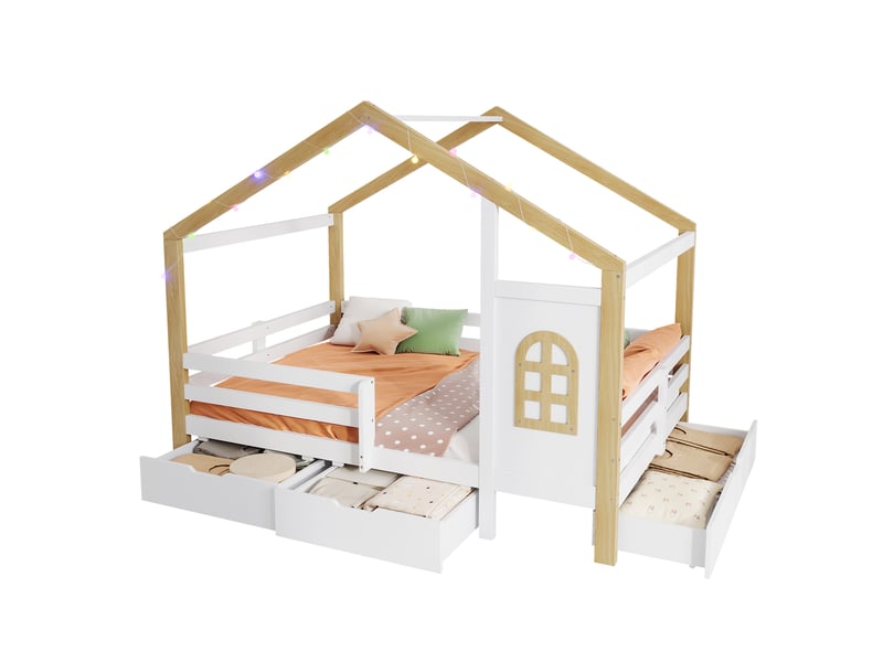  Lit cabane 120x200 cm - barrière de sécurité - avec tiroirs - bois - structure fonctionnelle - design moderne - bois naturel et gris CozyNest - Conforama A