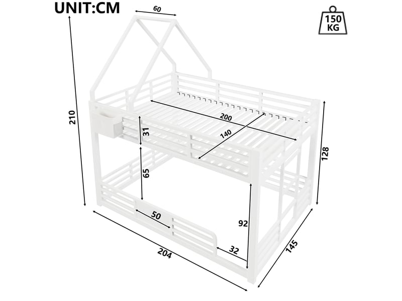 Lit superposé 140x200 cm en métal blanc, forme maison avec led et poches de rangement - Conforama C
